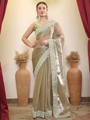 Olive embroidered designer saree with blouse 1
