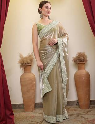 Olive embroidered designer saree with blouse 2
