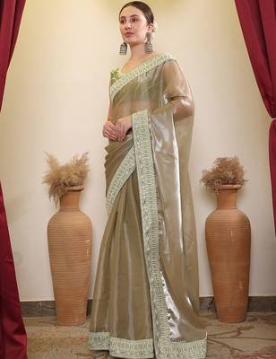 Olive embroidered designer saree with blouse 3