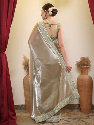 Olive embroidered designer saree with blouse 4