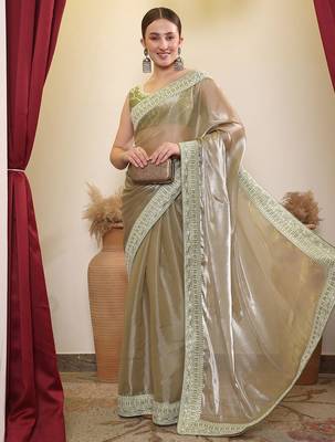Olive embroidered designer saree with blouse 5