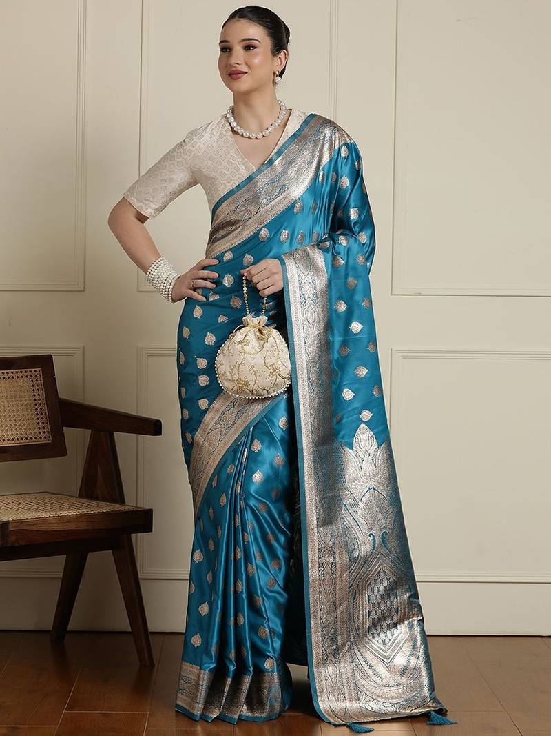 Blue ethnic motifs woven design zari banarasi saree with blouse piece