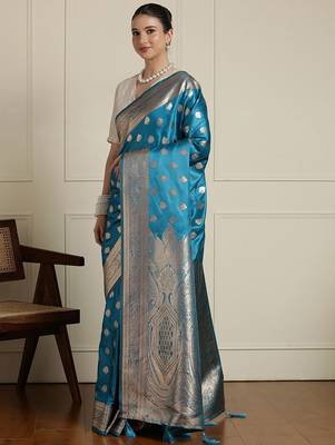Blue ethnic motifs woven design zari banarasi saree with blouse piece 2