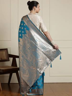 Blue ethnic motifs woven design zari banarasi saree with blouse piece 3