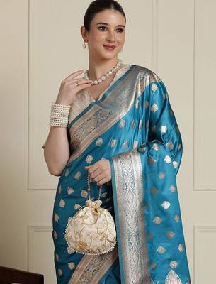 Blue ethnic motifs woven design zari banarasi saree with blouse piece 4