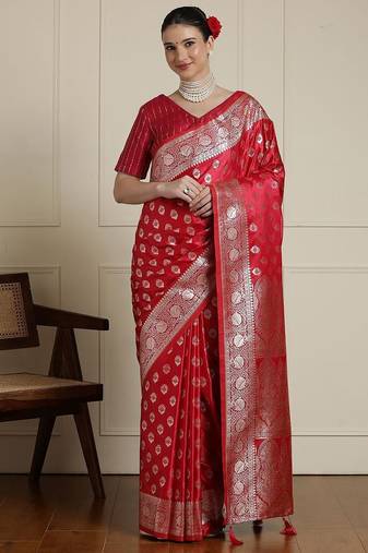 Red ethnic motifs woven design banarasi saree  with blouse piece