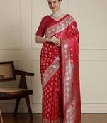 Red ethnic motifs woven design banarasi saree  with blouse piece
