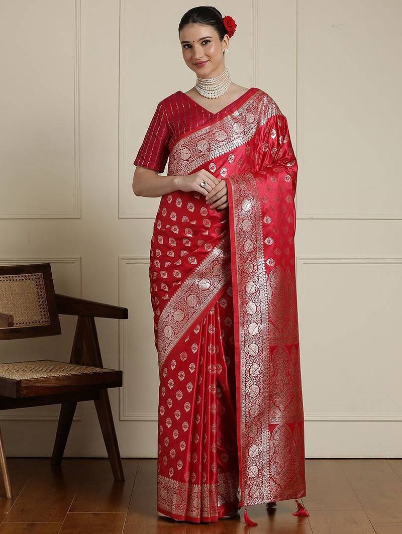 Red ethnic motifs woven design banarasi saree  with blouse piece
