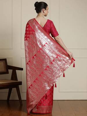 Red ethnic motifs woven design banarasi saree  with blouse piece 3