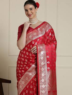 Red ethnic motifs woven design banarasi saree  with blouse piece 4