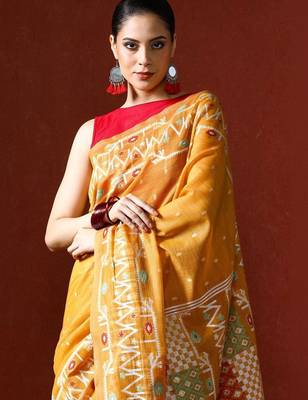 Yellow woven design chanderi sarees with blouse piece 2