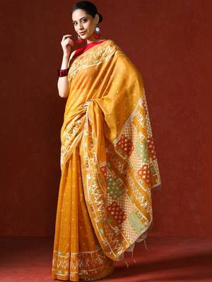 Yellow woven design chanderi sarees with blouse piece 3