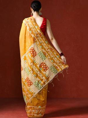 Yellow woven design chanderi sarees with blouse piece 4