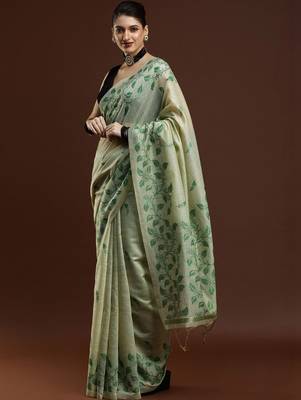Green woven design chanderi sarees with blouse piece 3
