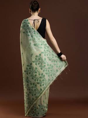 Green woven design chanderi sarees with blouse piece 4
