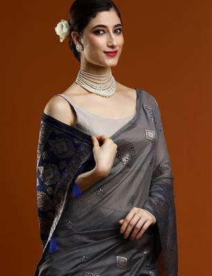 Navy blue woven design muga sarees with blouse piece 2