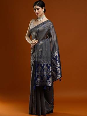 Navy blue woven design muga sarees with blouse piece 3