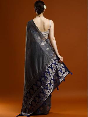 Navy blue woven design muga sarees with blouse piece 4