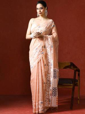 Peach woven design chanderi sarees with blouse piece 1
