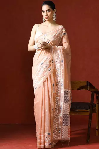 Peach woven design chanderi sarees with blouse piece