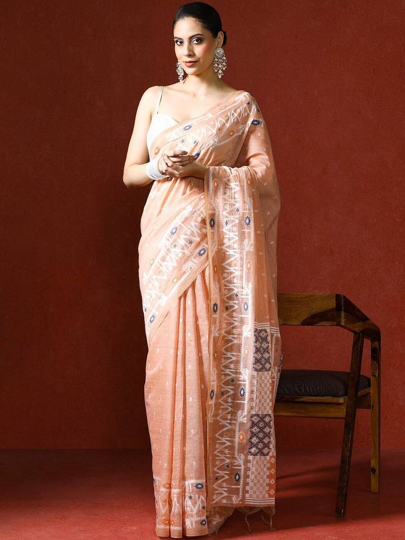 Peach woven design chanderi sarees with blouse piece