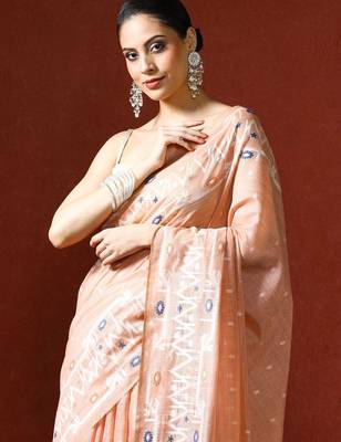 Peach woven design chanderi sarees with blouse piece 2