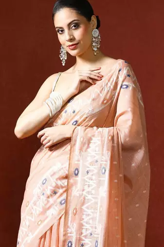 Peach woven design chanderi sarees with blouse piece