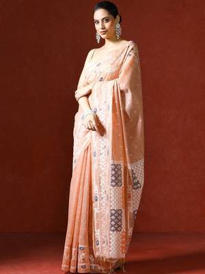 Peach woven design chanderi sarees with blouse piece 3