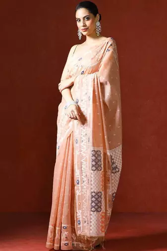 Peach woven design chanderi sarees with blouse piece