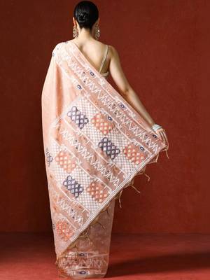 Peach woven design chanderi sarees with blouse piece 4