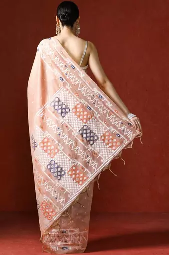 Peach woven design chanderi sarees with blouse piece