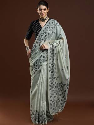 Grey woven design chanderi sarees with blouse piece 1
