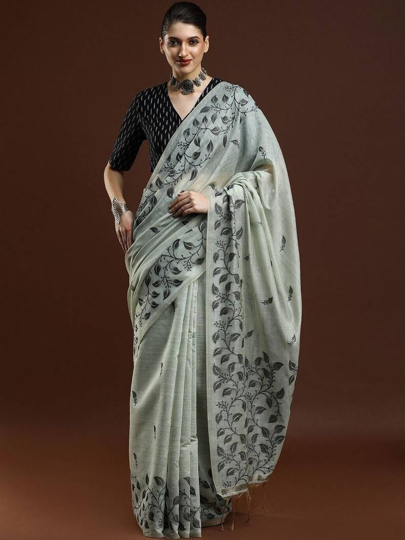 Grey woven design chanderi sarees with blouse piece