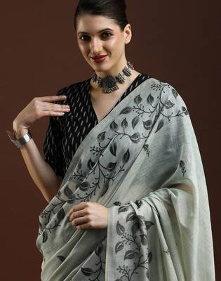 Grey woven design chanderi sarees with blouse piece 2