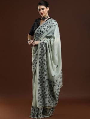 Grey woven design chanderi sarees with blouse piece 3