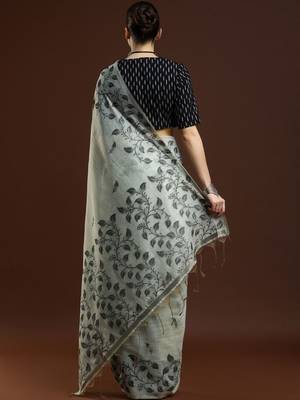 Grey woven design chanderi sarees with blouse piece 4