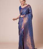Navy blue ethnic motifs woven design kanjeevaram saree with blouse piece