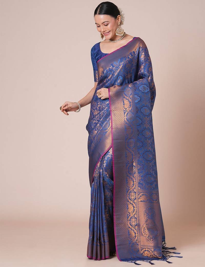 Navy blue ethnic motifs woven design kanjeevaram saree with blouse piece