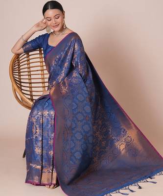 Navy blue ethnic motifs woven design kanjeevaram saree with blouse piece 3