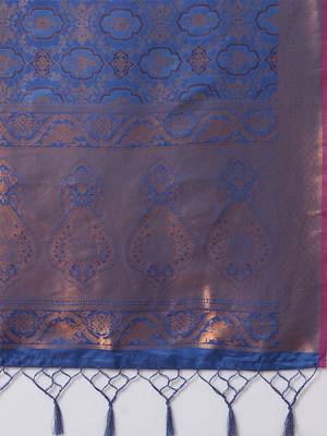 Navy blue ethnic motifs woven design kanjeevaram saree with blouse piece 5