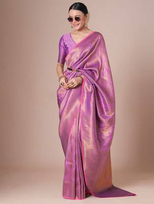 Pink woven design festive saree with matching blouse 1
