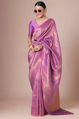 Pink woven design festive saree with matching blouse