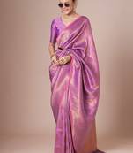 Pink woven design festive saree with matching blouse