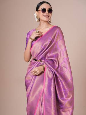 Pink woven design festive saree with matching blouse 4