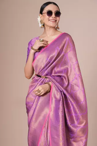 Pink woven design festive saree with matching blouse