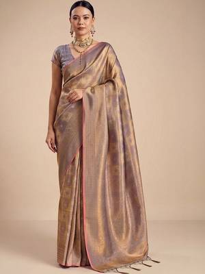 Rose rose gold kanjivaram woven design sarees with blouse piece unstiched blouse 1