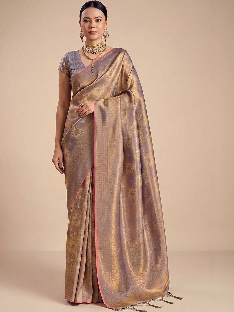 Rose rose gold kanjivaram woven design sarees with blouse piece unstiched blouse