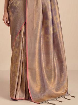 Rose rose gold kanjivaram woven design sarees with blouse piece unstiched blouse 5