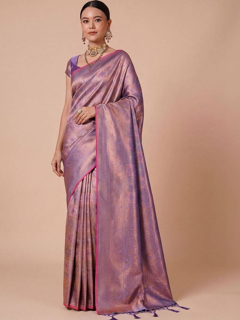 Purple purple kanjivaram woven design sarees with blouse piece unstiched blouse