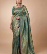 Teal teal kanjivaram woven design sarees with blouse piece unstiched blouse